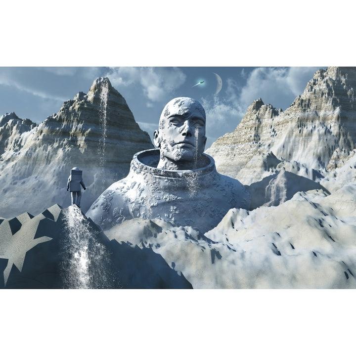 A lone astronaut stares at a statue of a mysterious humanoid being Poster Print Image 1