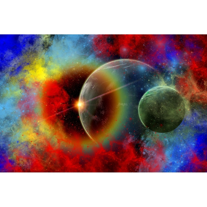 A distant alien world and its moon surrounded by nebulous gas clouds Poster Print Image 1