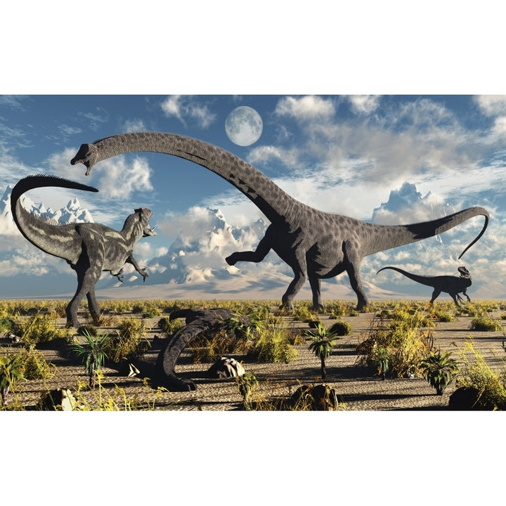 A deadly confrontation between a Diplodocus and a pair of Allosaurus Poster Print Image 1