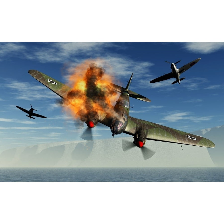 A German Heinkel bomber plane crashing into the English Channel Poster Print Image 1