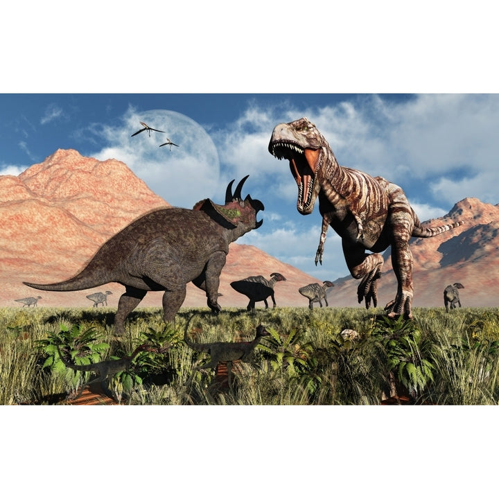 Prehistoric battle between a Triceratops and Tyrannosaurus Rex Poster Print Image 1