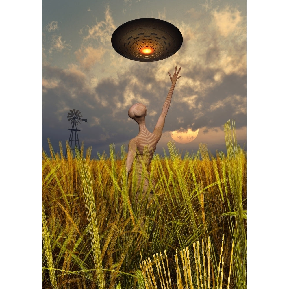 An alien being directing a UFO in making crop circles Poster Print Image 1