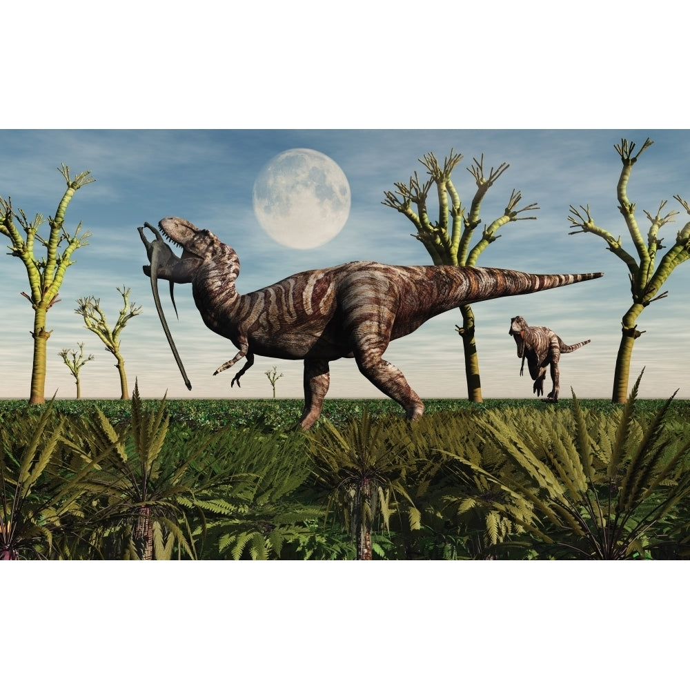 Tyrannosaurus Rex with a freshly killed young sauropod dinosaur Poster Print Image 1