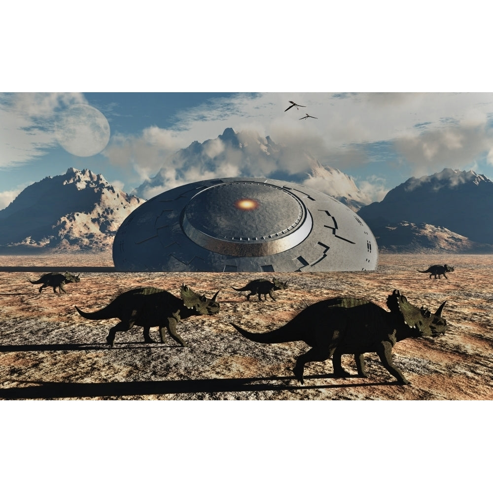 A herd of dinosaurs walk past a flying saucer lodged into the ground Poster Print Image 2