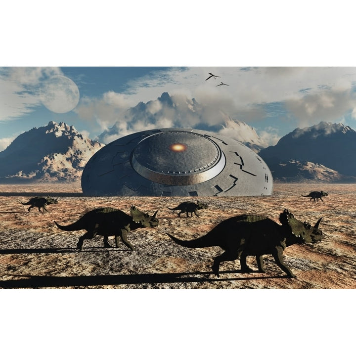 A herd of dinosaurs walk past a flying saucer lodged into the ground Poster Print Image 1