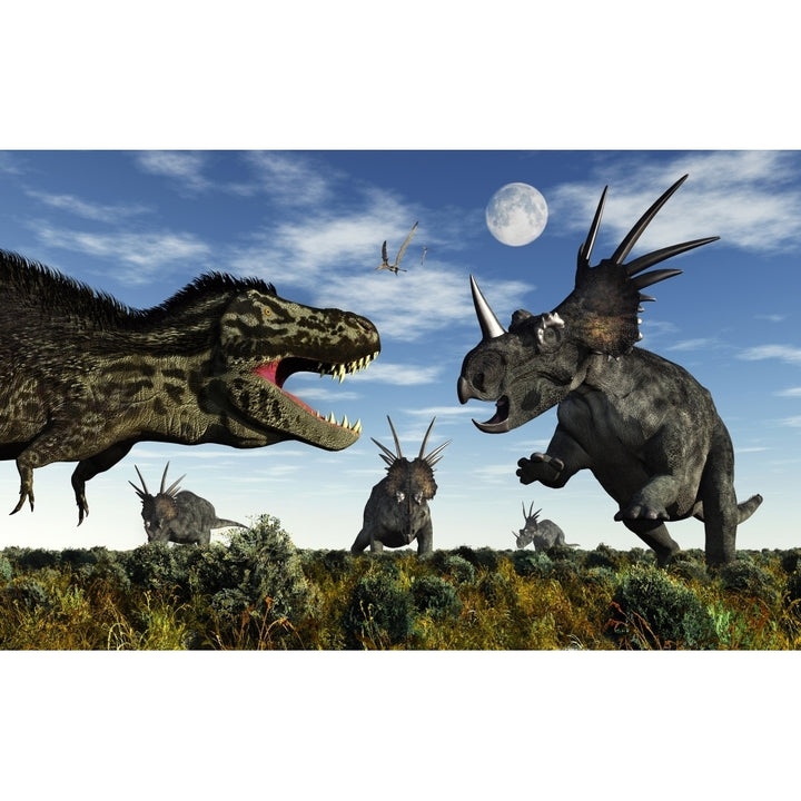 Styracosaurus dinosaurs confront a Tyrannosaurus Rex Poster Print Image 1