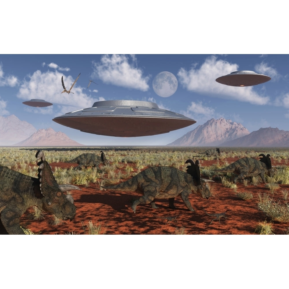 A herd of Centrosaurus dinosaurs walk past a group of UFOs Poster Print Image 2