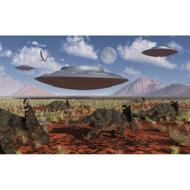 A herd of Centrosaurus dinosaurs walk past a group of UFOs Poster Print Image 1