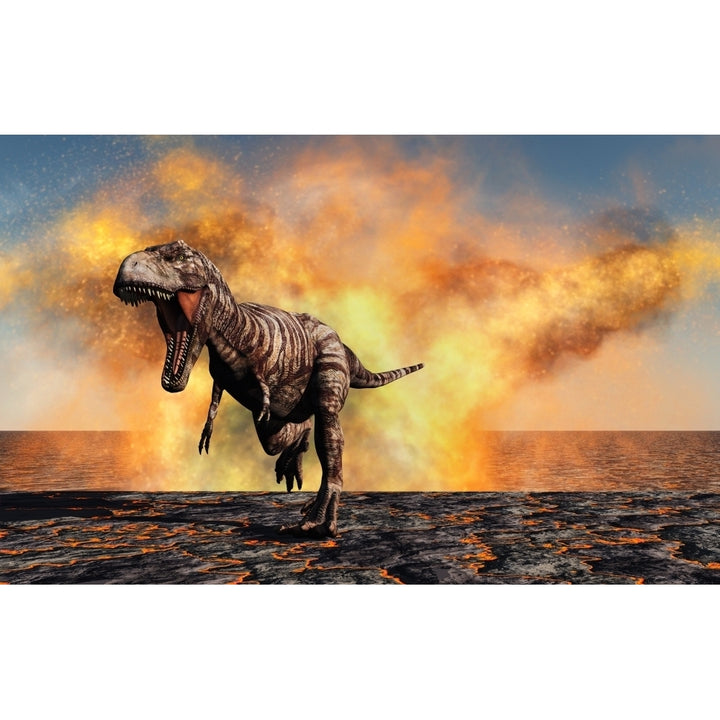 Tyrannosaurus Rex escaping from a violent fire storm Poster Print Image 1