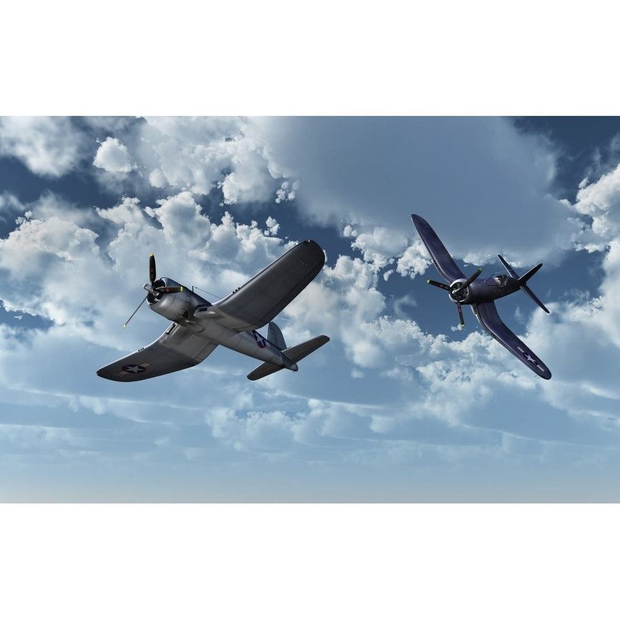 A pair of American Vought F4U Corsair aircraft in flight during World War II Poster Print Image 1