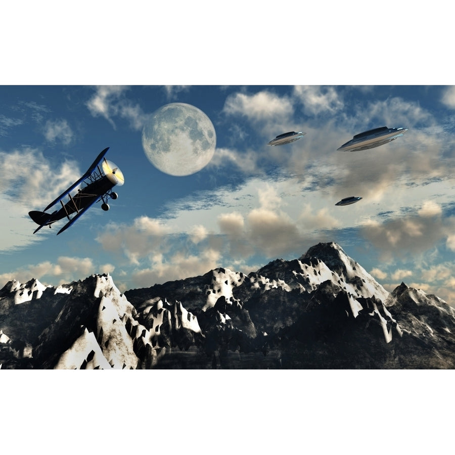 A 1930s DH 82 Tiger Moth biplane encounters a group of UFOs Poster Print Image 1