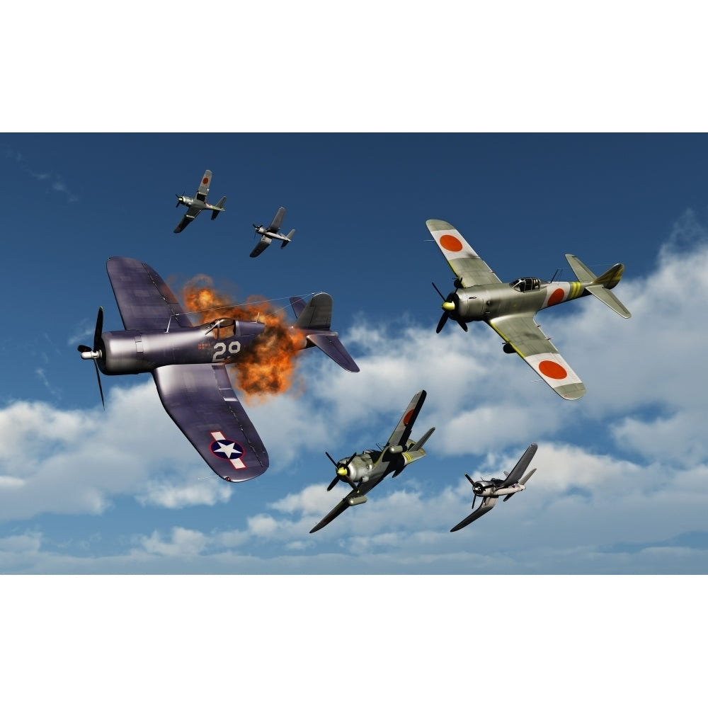 F4U Corsair aircraft and Japanese Nakajima fighter planes in aerial combat Poster Print Image 2