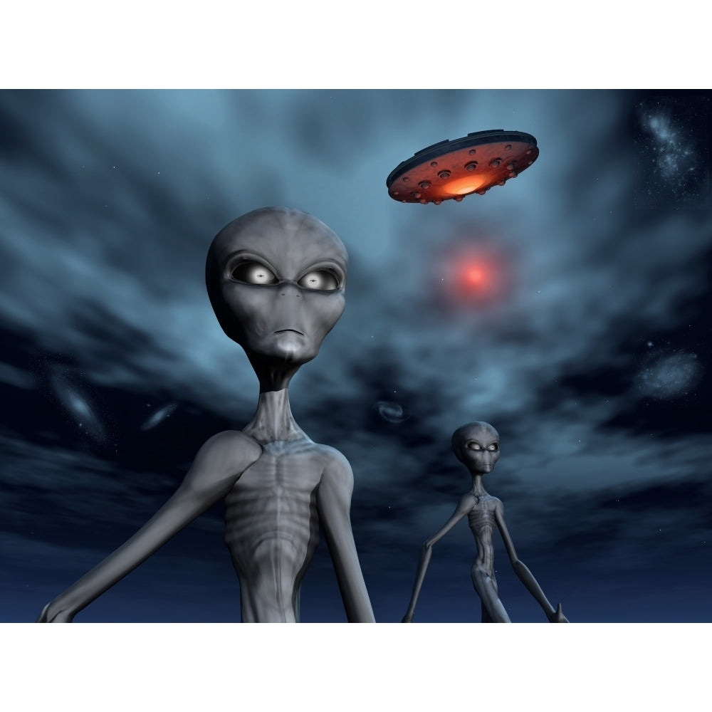 Grey Aliens and their flying saucer visiting Earth Poster Print Image 2