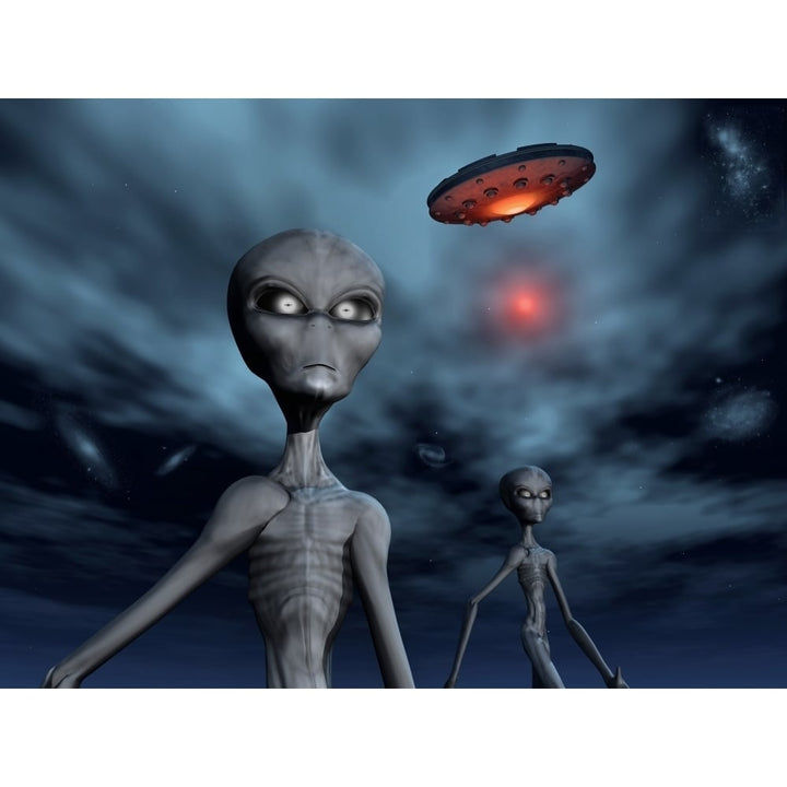 Grey Aliens and their flying saucer visiting Earth Poster Print Image 1