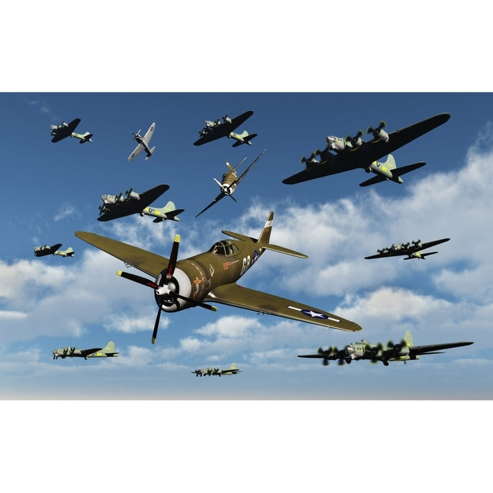 P-47 Thunderbolts escorting B-17 Flying Fortress bombers Poster Print Image 1