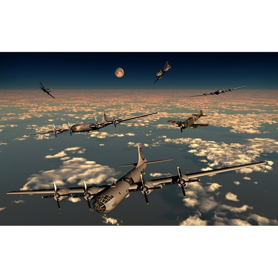 B-29 Superfortress planes under attack from Japanese Nakajima Ki-84 fighter planes Poster Print Image 1