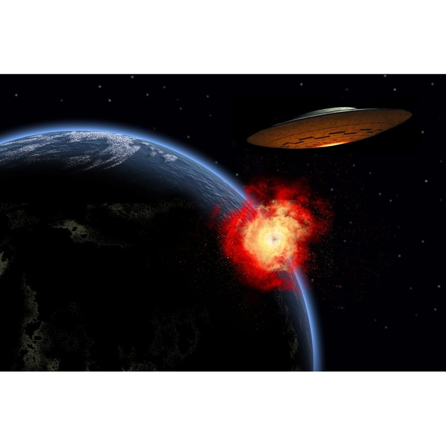 An orbiting UFO launches a deadly attack upon the surface of Earth Poster Print Image 1