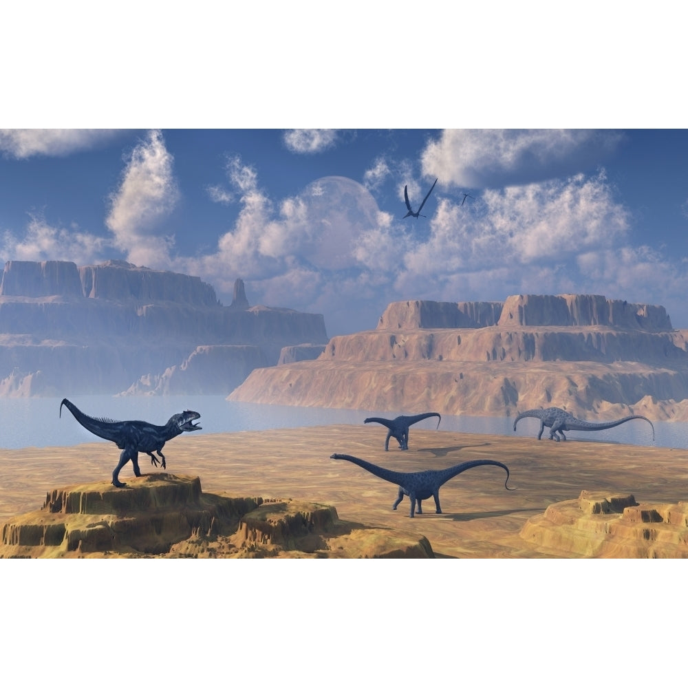 Diplodocus dinosaurs being stalked by a carnivorous Allosaurus Poster Print Image 2