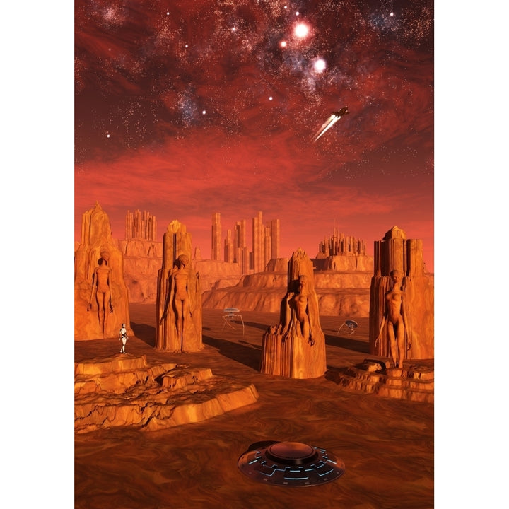 An advanced race exploring the ancient relics of a martian civilization Poster Print Image 1