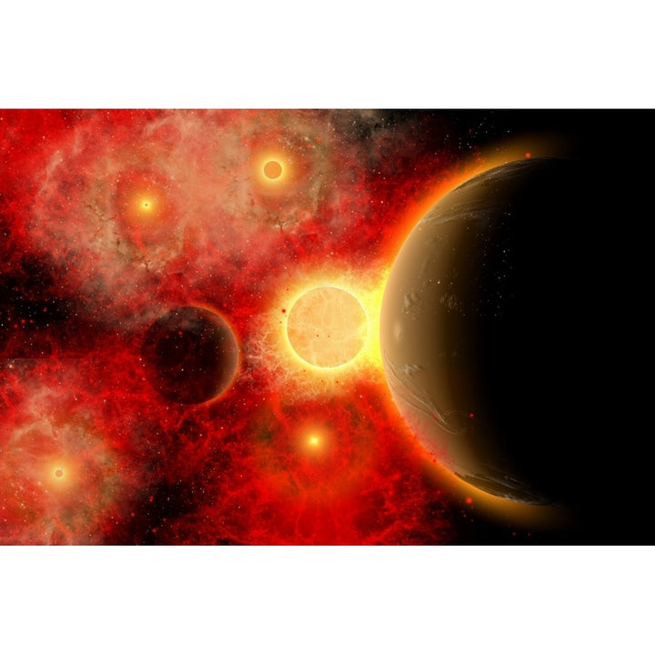 A vibrant star cluster with alien planets in orbit Poster Print Image 1