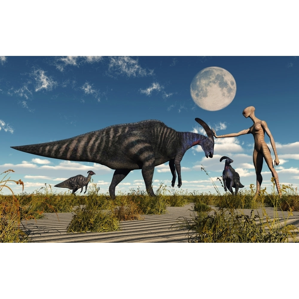 A reptoid using telepathy to communicate with a Parasaurolophus dinosaur Poster Print Image 2