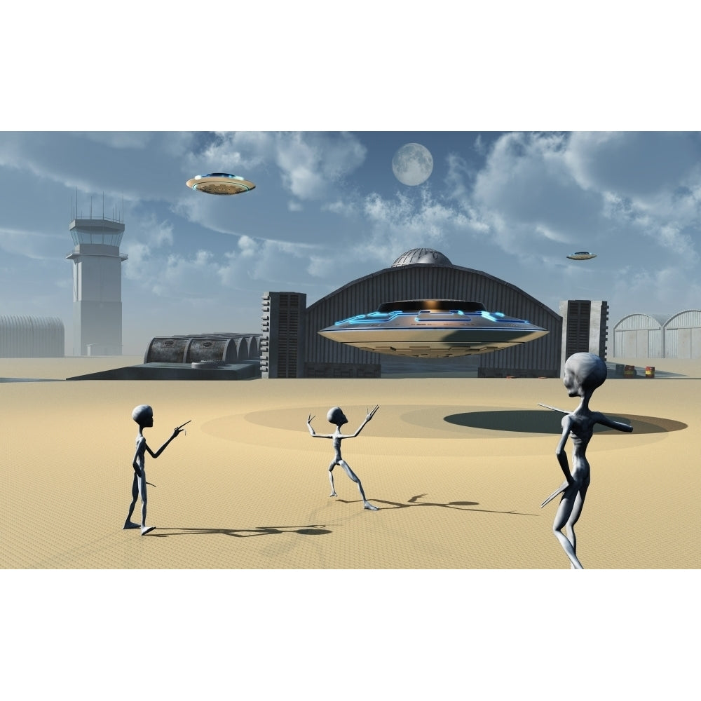 Grey Aliens and their flying saucers at Area 51 Poster Print Image 2