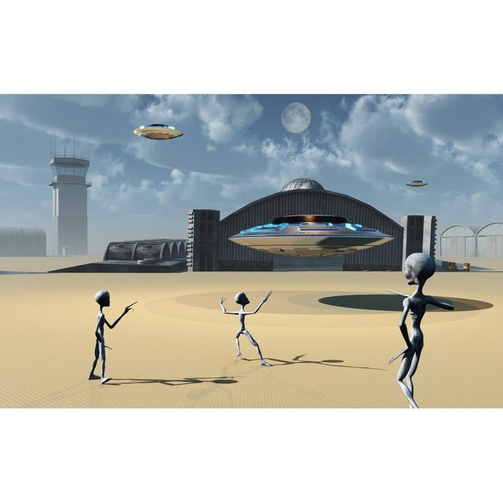 Grey Aliens and their flying saucers at Area 51 Poster Print Image 1