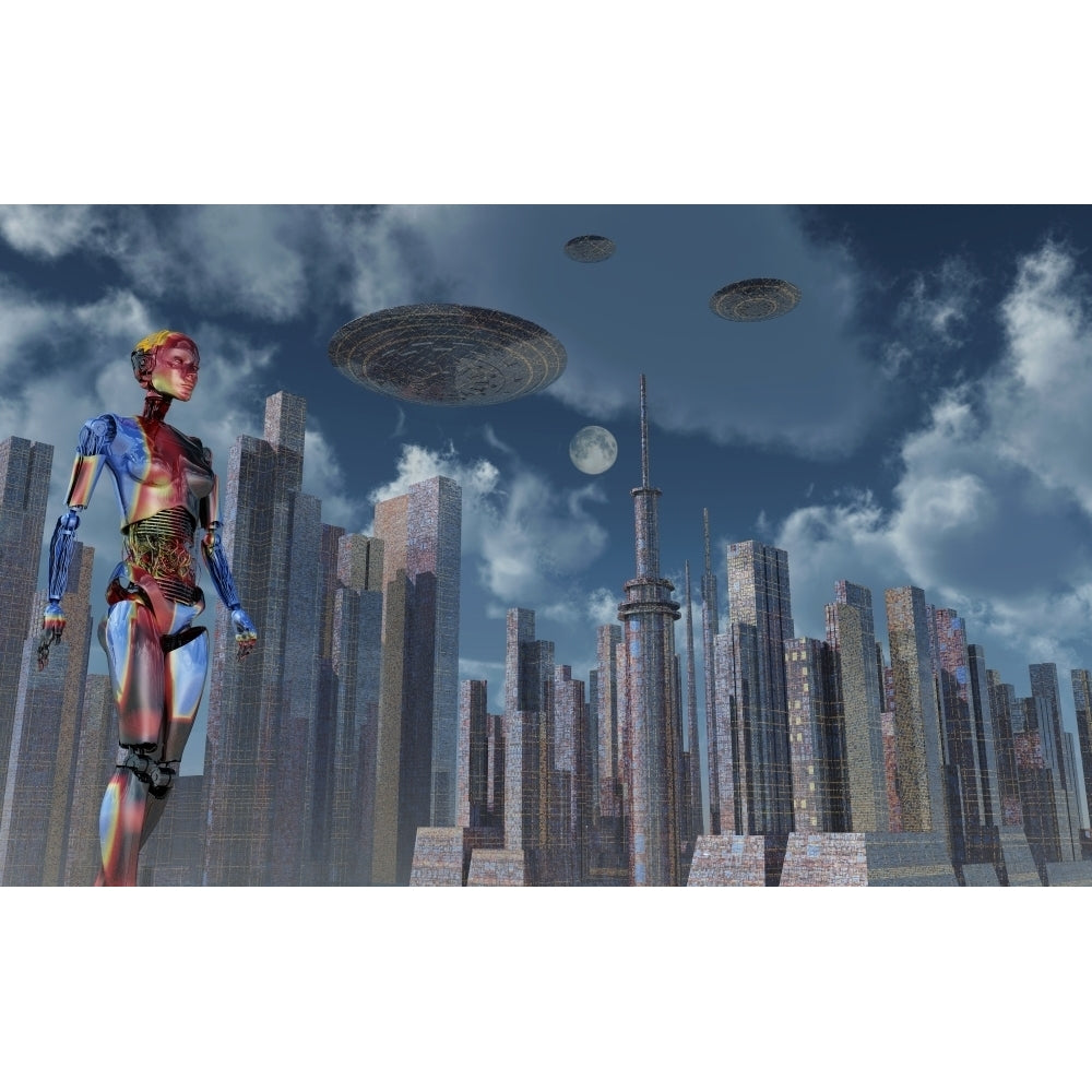 A futuristic city where robots and flying saucers are common place Poster Print Image 2