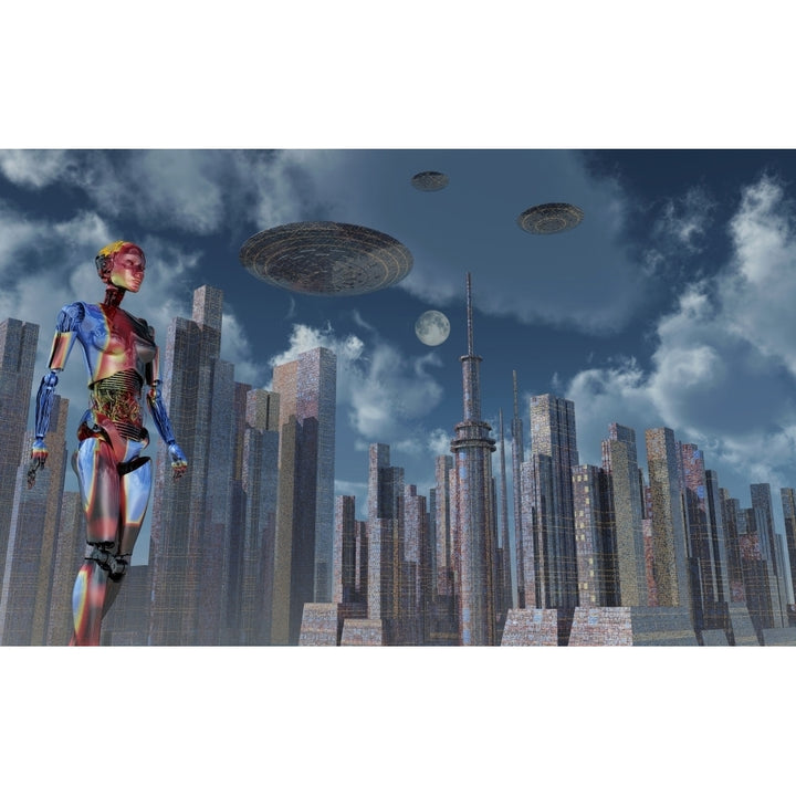 A futuristic city where robots and flying saucers are common place Poster Print Image 2