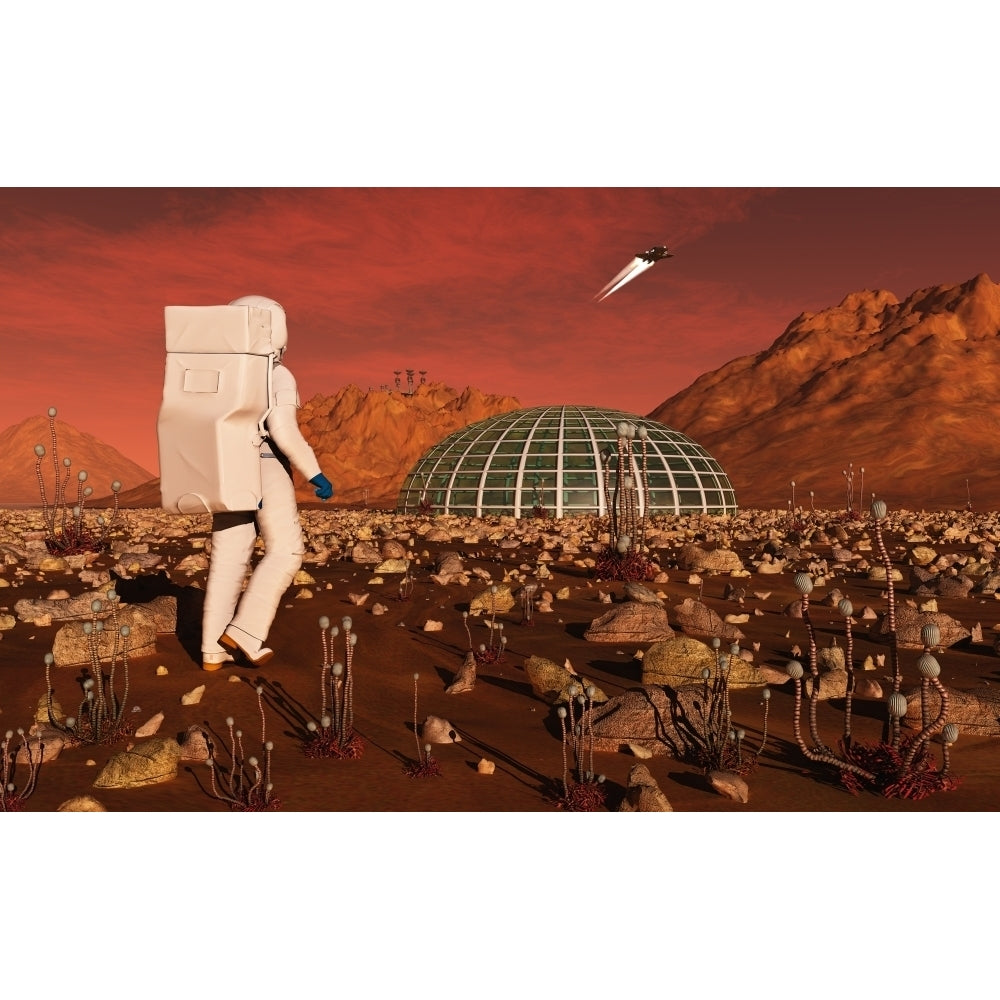 Astronaut walking across the surface of Mars towards a habitat dome Poster Print Image 2