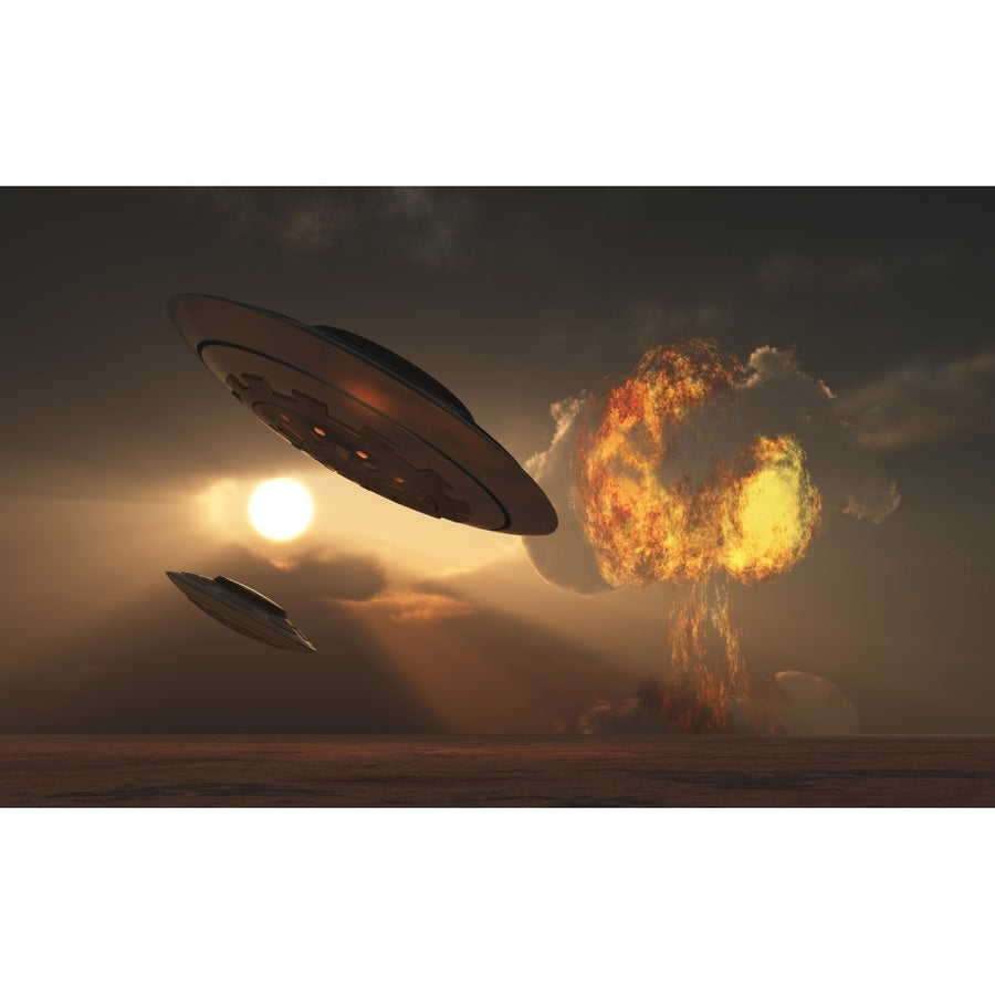 A pair of UFOs with a nuclear explosion in background Poster Print Image 1