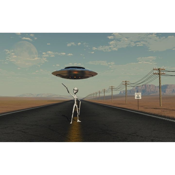 A Grey Alien hitching a ride from a passing UFO Poster Print Image 2