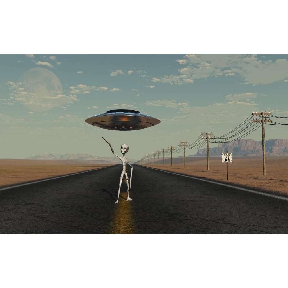 A Grey Alien hitching a ride from a passing UFO Poster Print Image 1