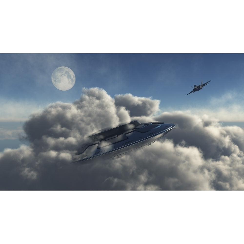 An F-22 Raptor jetfighter chasing a UFO Poster Print Image 1