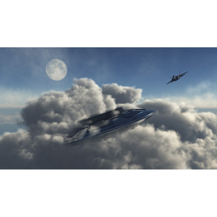 An F-22 Raptor jetfighter chasing a UFO Poster Print Image 2