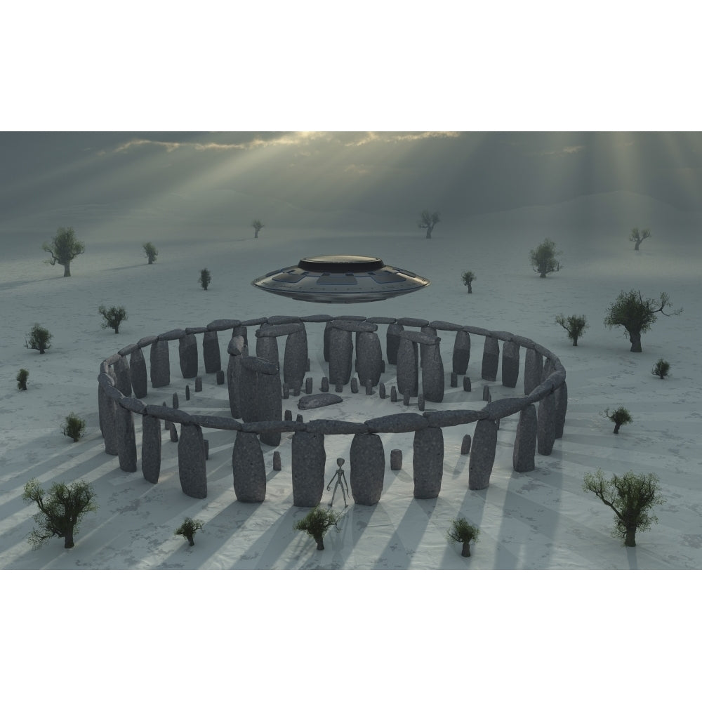 A UFO and its alien crew visiting Stonehenge Poster Print Image 2