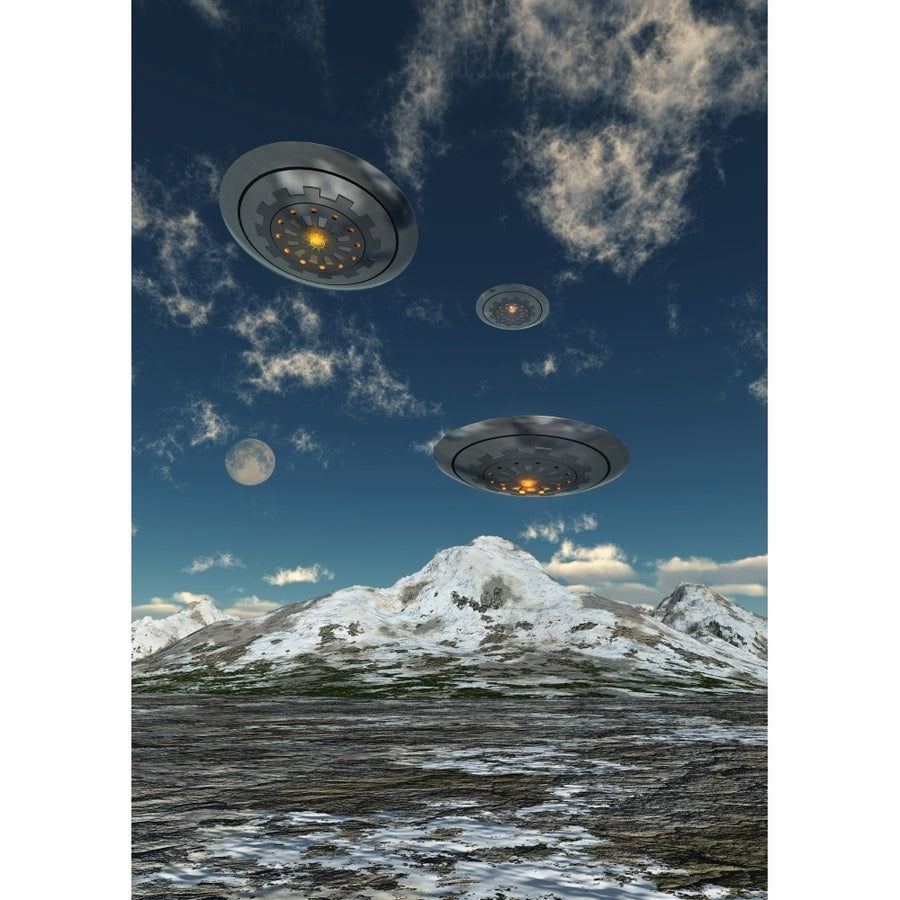 UFOs flying over a mountain range Poster Print Image 1