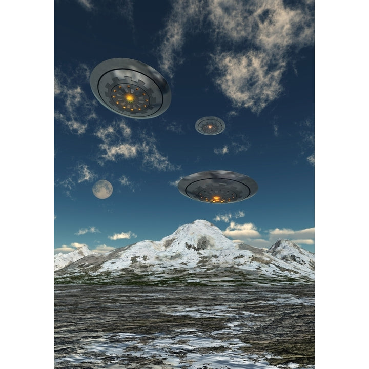 UFOs flying over a mountain range Poster Print Image 2