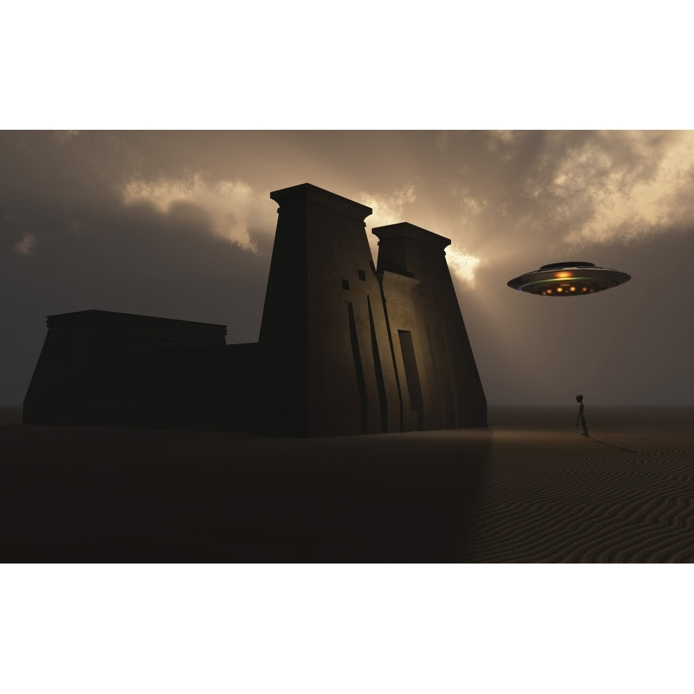 A Grey Alien and its flying saucer visiting the site of an ancient Egyptian temple. Poster Print by Mark Stevenson/Stock Image 2