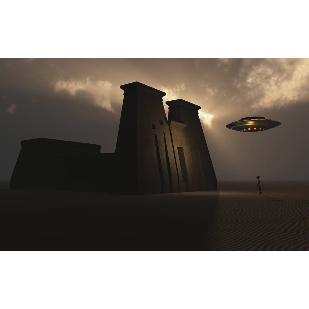 A Grey Alien and its flying saucer visiting the site of an ancient Egyptian temple. Poster Print by Mark Stevenson/Stock Image 1