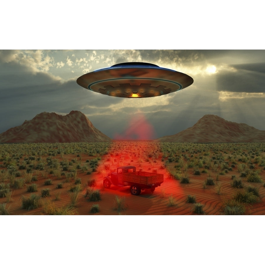 An alien UFO probing a 1930s style truck in desert landscape. Poster Print by Mark Stevenson/Stocktrek Images Image 1