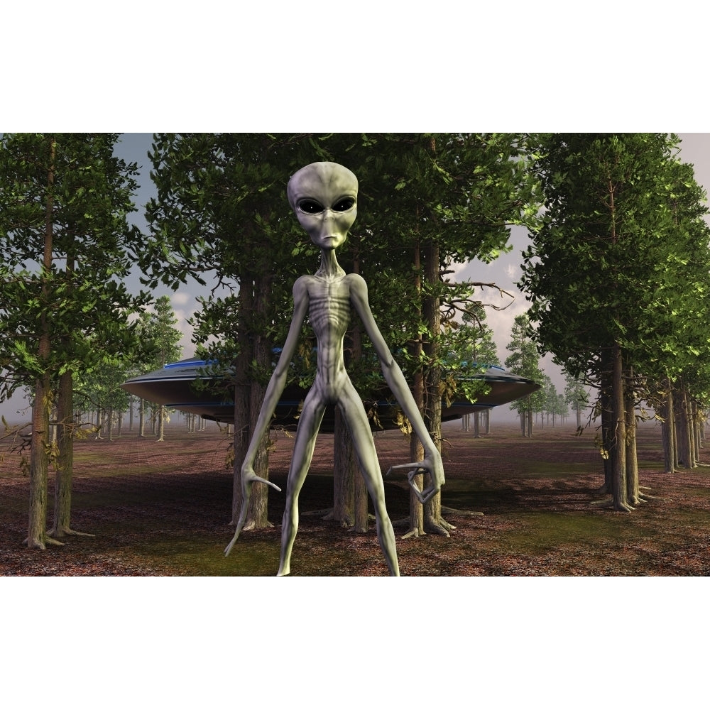 A menacaing grey alien and its spacecraft in a wooded area. Poster Print by Mark Stevenson/Stocktrek Images Image 1