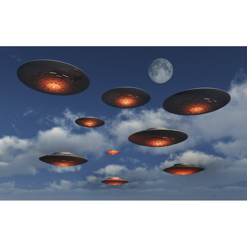 A fleet of UFOs flying in Earths atmosphere Poster Print by Mark Stevenson/Stocktrek Images Image 1