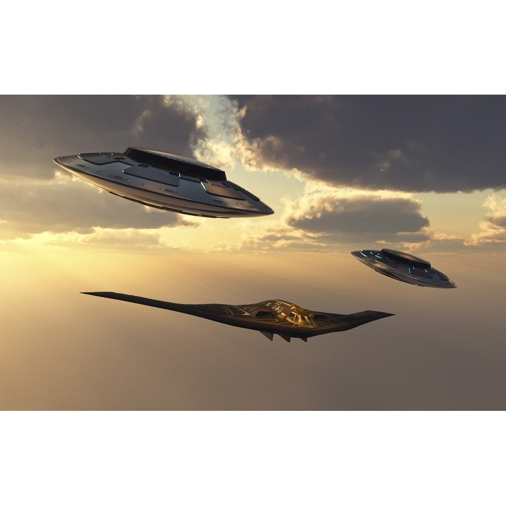 A B-2 Spirit stealth bomber being escorted by a pair of flying saucers Poster Print by Mark Stevenson/Stocktrek Images Image 1