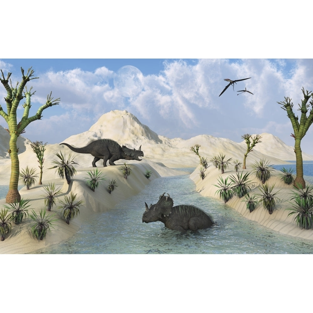 Centrosaurus dinosaurs relaxing in a Cretaceous landscape Poster Print Image 1