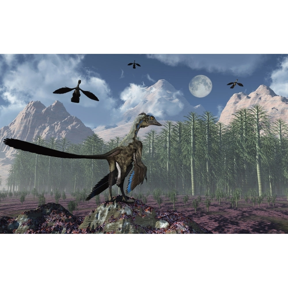 An Archaeopteryx standing at the edge of a forest Poster Print Image 2