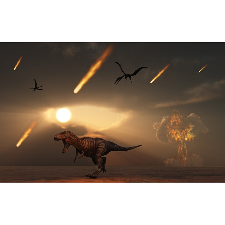 Tyrannosaurus rex tries to escape a giant asteroid impact Poster Print Image 1