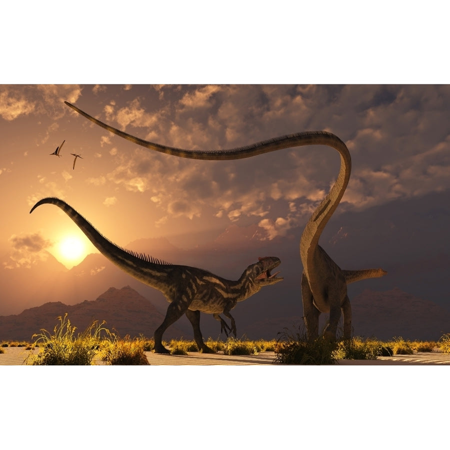 An Allosaurus in a deadly battle with a Diplodocus dinosaur at dawn Poster Print Image 1