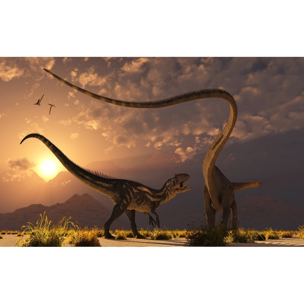 An Allosaurus in a deadly battle with a Diplodocus dinosaur at dawn Poster Print Image 2