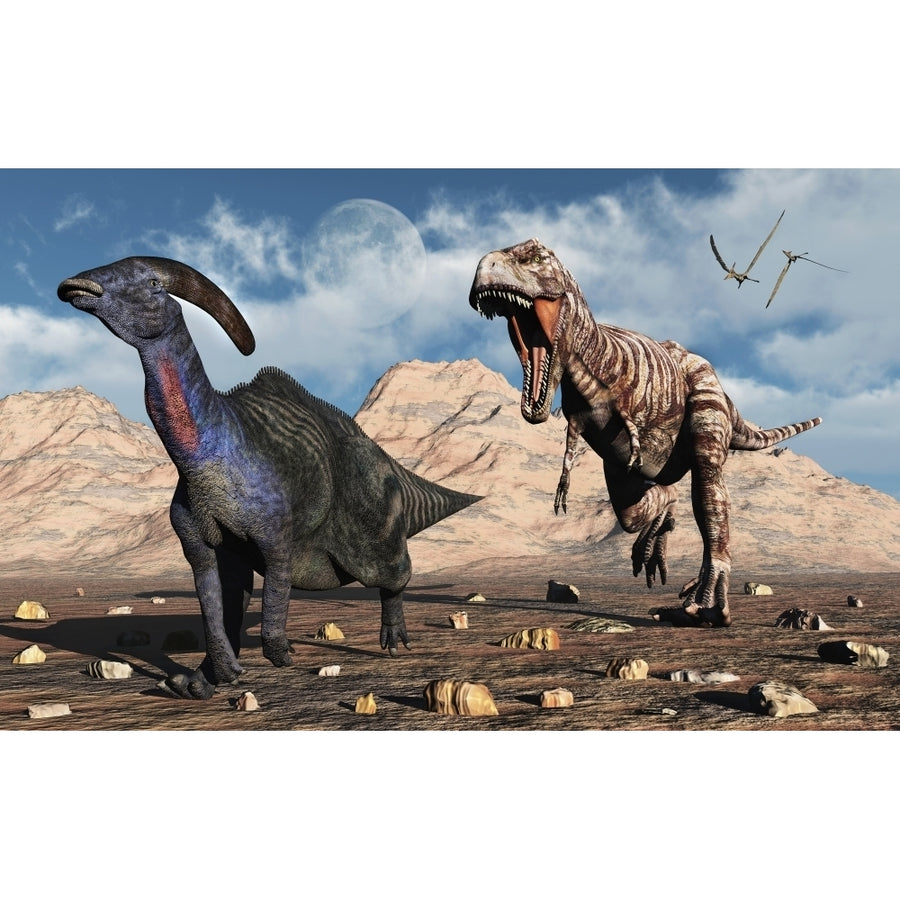 A carnivorous T-rex chasing a lone Parasaurolophus dinosaur. Poster Print by Mark Stevenson/Stocktrek Images Image 1